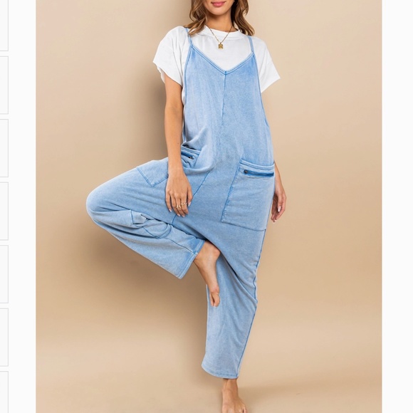 Mineral Wash French Terry Jumpsuit Women’s Harem One Piece 90’s Y2K Blue #S39 - Picture 3 of 12